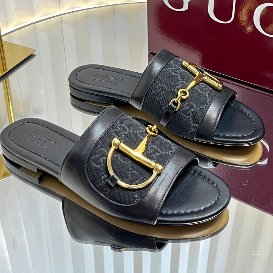 GC 25 Horsebit GG Sandals Black Canvas 294676