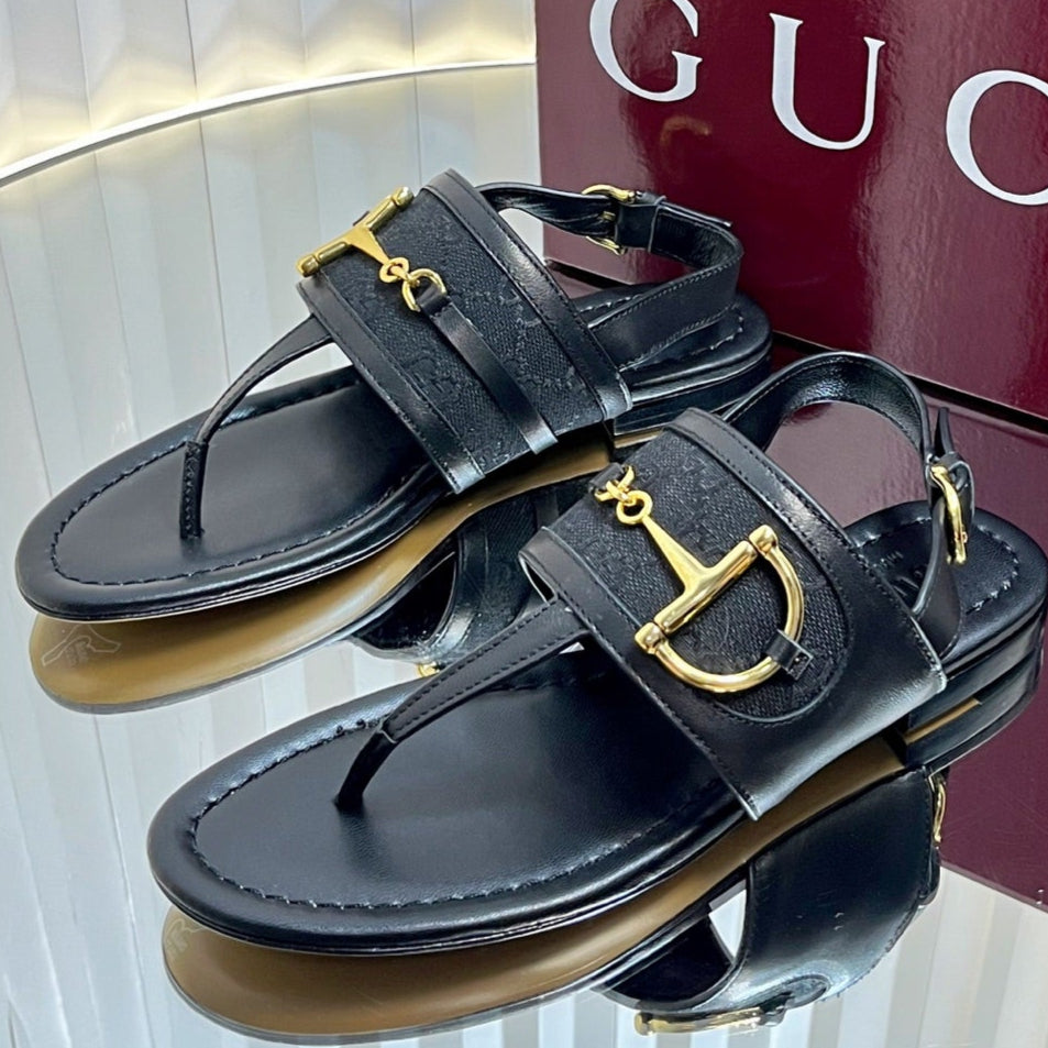 GC Horsebit Thong Sandals Black Canvas Sheepskin 294539