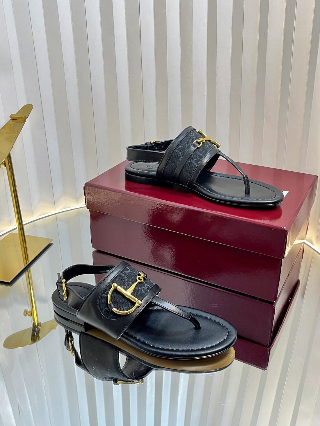 GC Horsebit Thong Sandals Black Canvas Sheepskin 294539