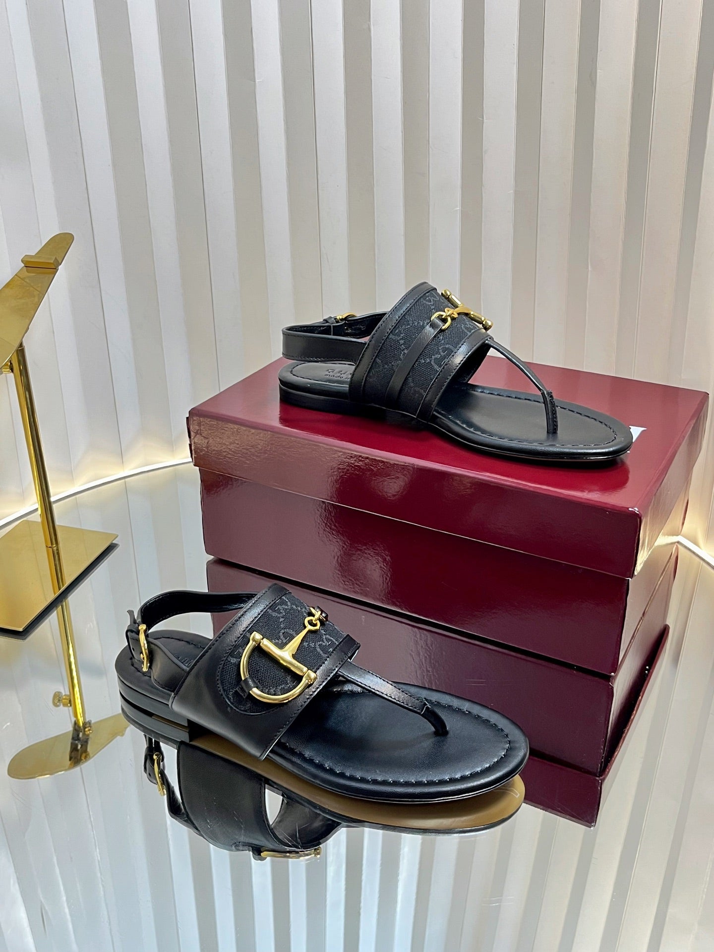 GC Horsebit Thong Sandals Black Canvas Sheepskin 294539