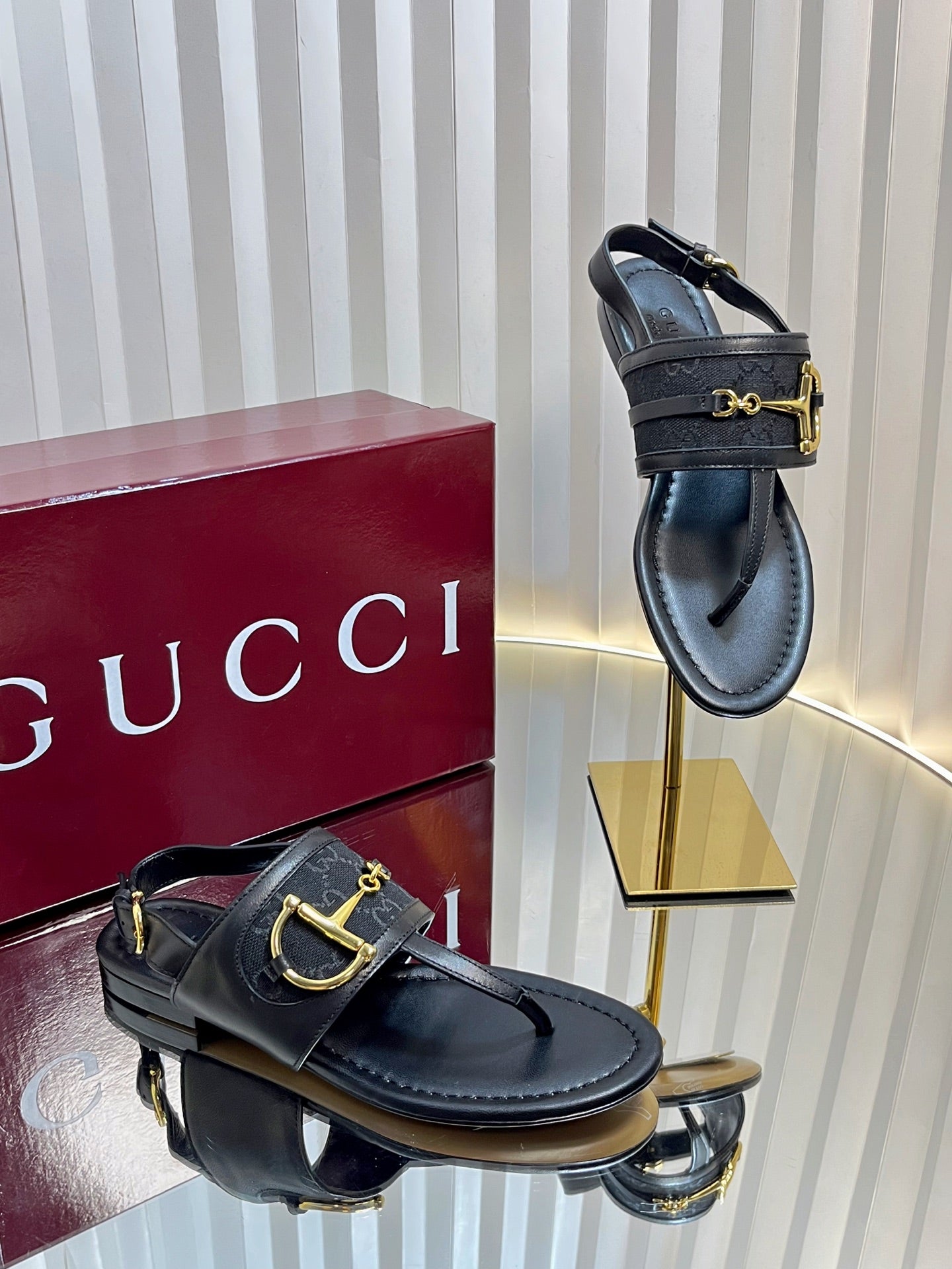 GC Horsebit Thong Sandals Black Canvas Sheepskin 294539