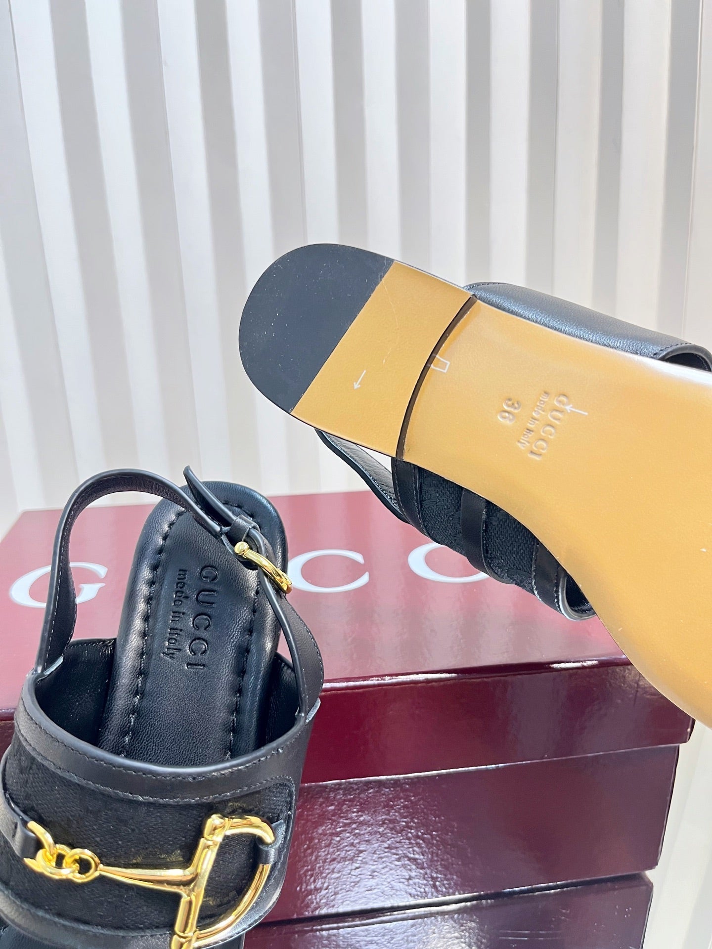 GC Horsebit Thong Sandals Black Canvas Sheepskin 294539