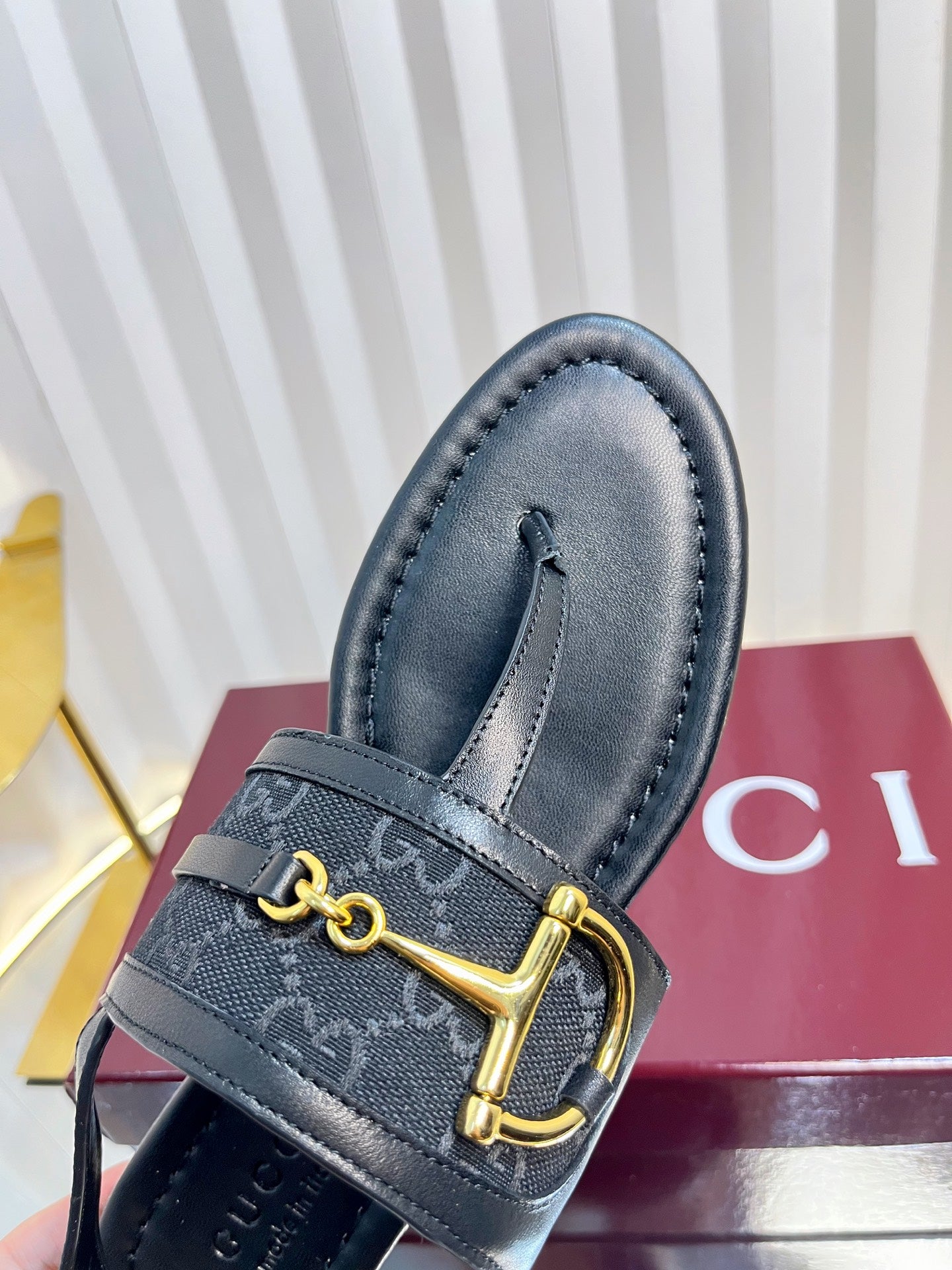 GC Horsebit Thong Sandals Black Canvas Sheepskin 294539