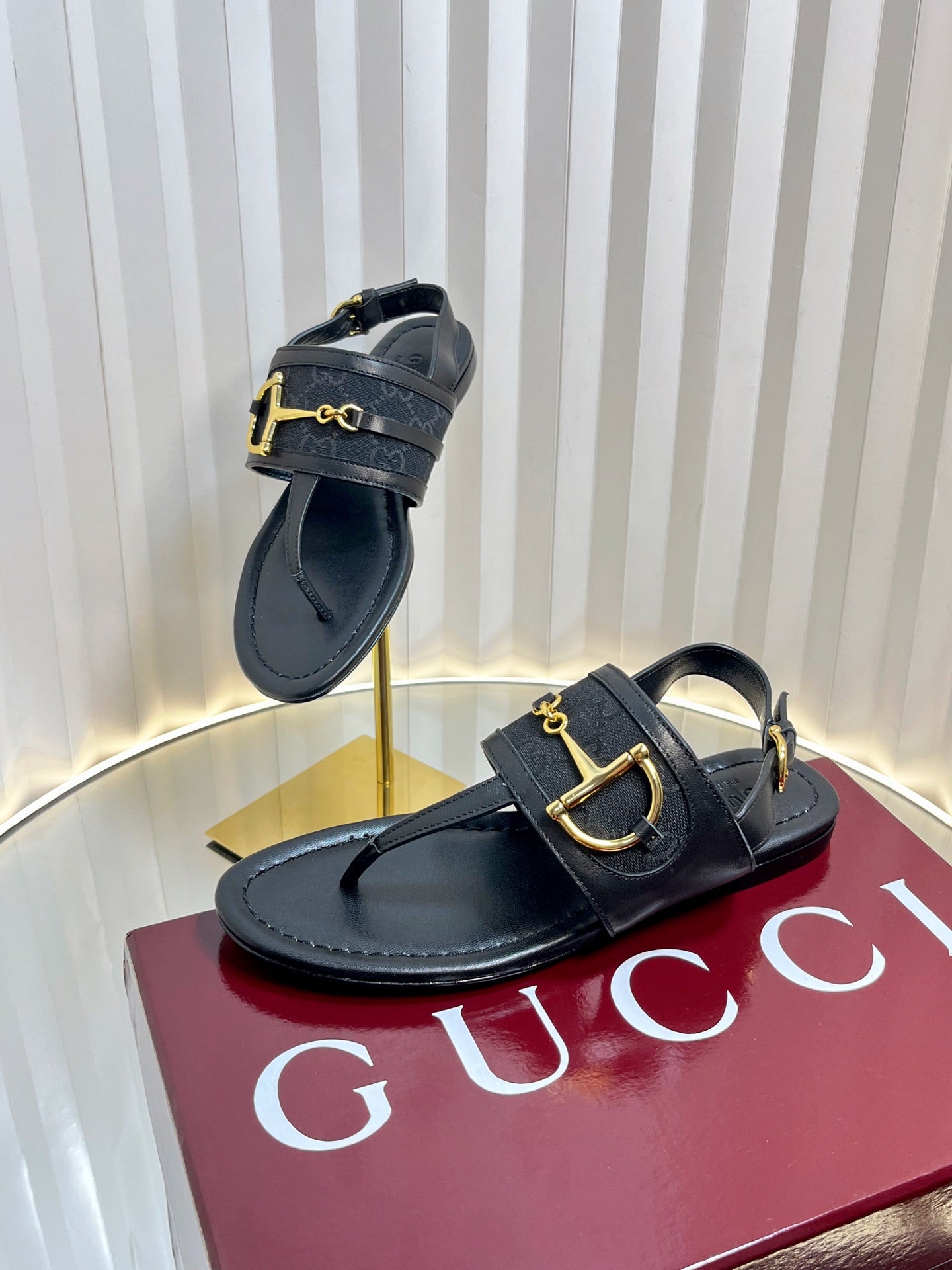 GC Horsebit Thong Sandals Black Canvas Sheepskin 294539