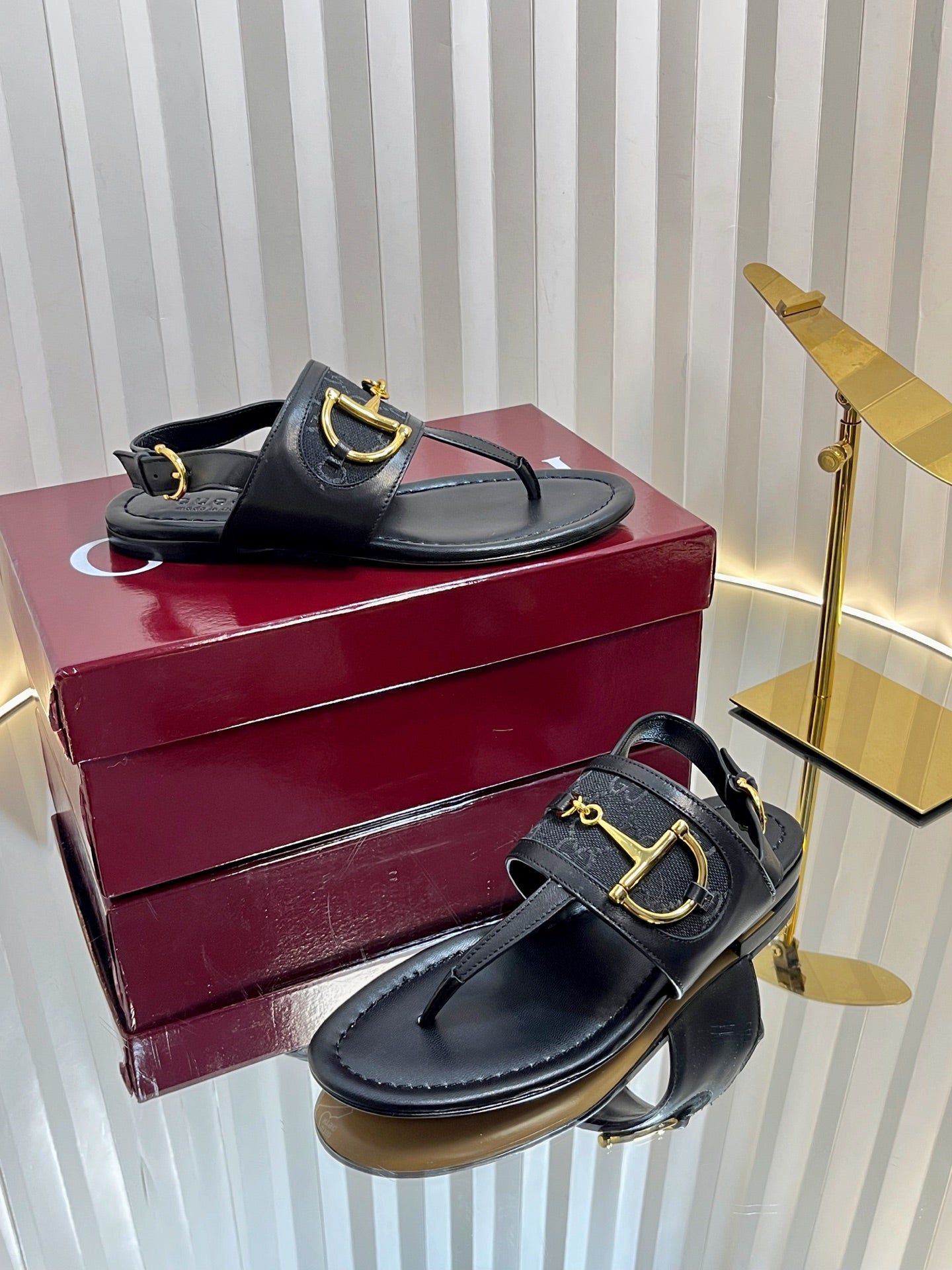 GC Horsebit Thong Sandals Black Canvas Sheepskin 294539