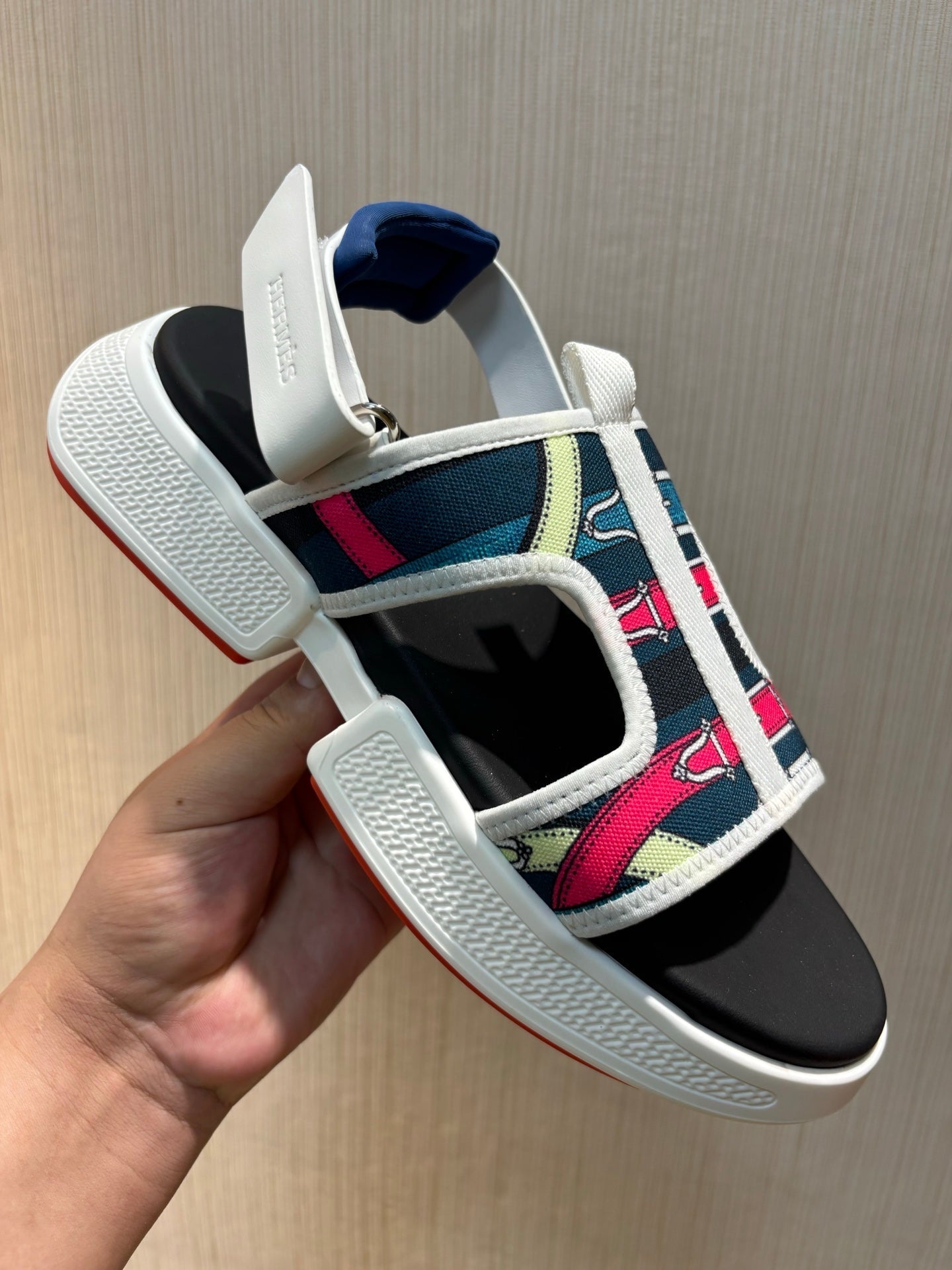 HM Men's Gate Sandal Blue Calfskin Printed Fabric 655431