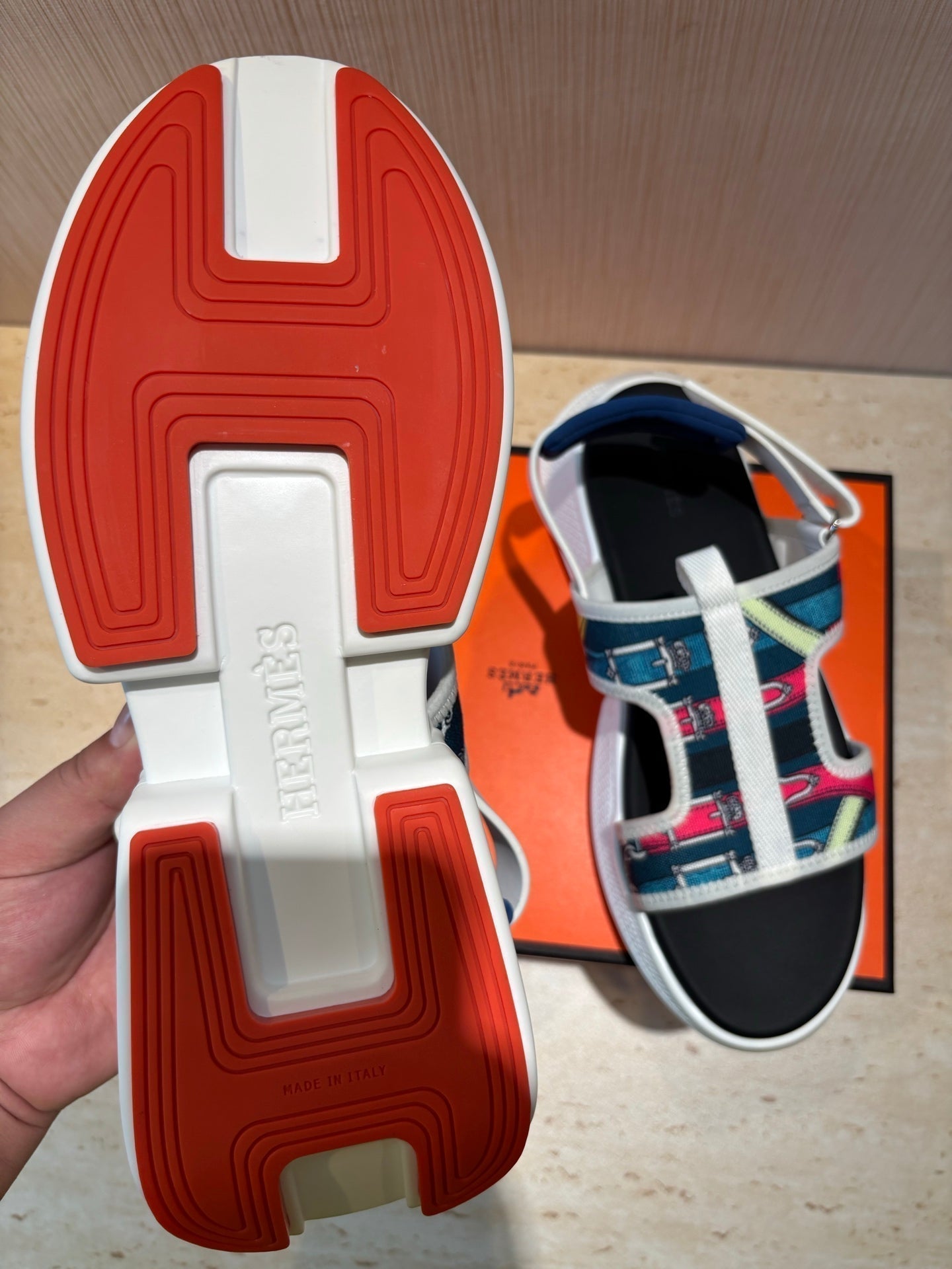 HM Men's Gate Sandal Blue Calfskin Printed Fabric 655431