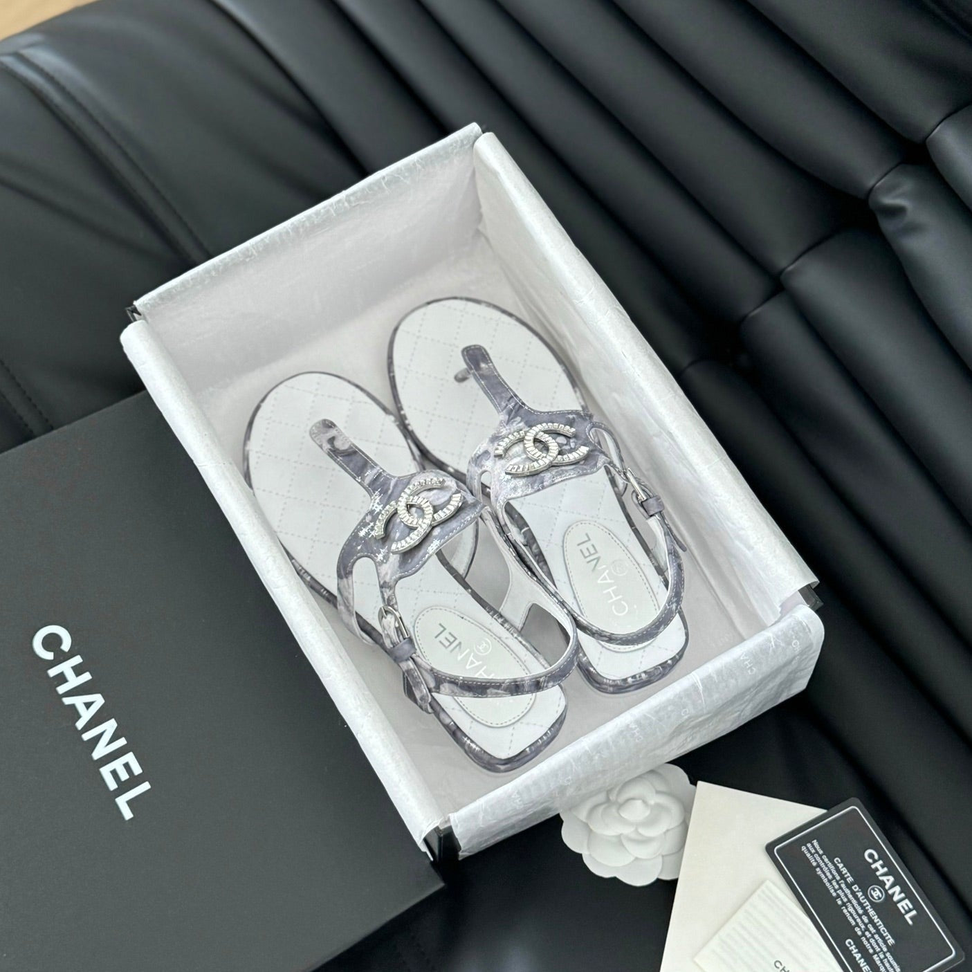 Double C Classic One-Strap Sandals White Gray Smoke Lambskin