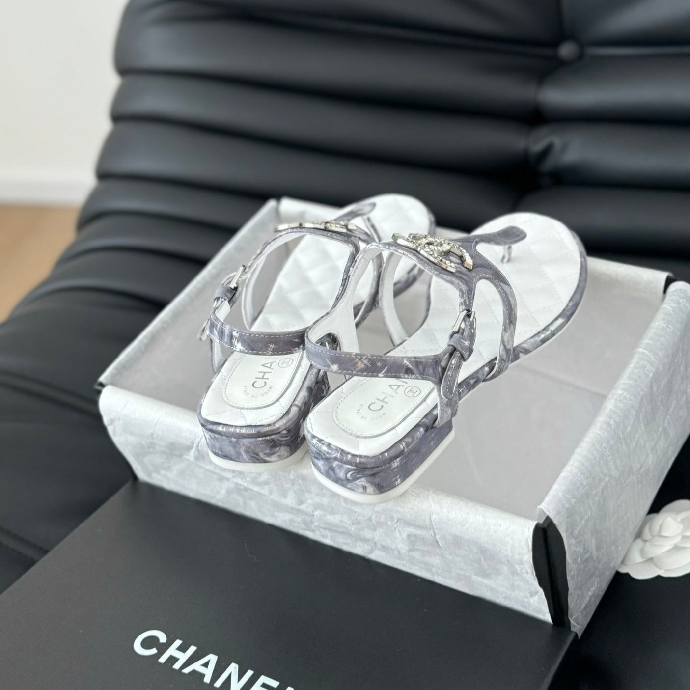 Double C Classic One-Strap Sandals White Gray Smoke Lambskin