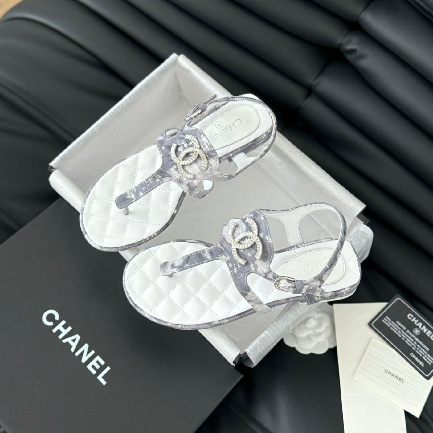 Double C Classic One-Strap Sandals White Gray Smoke Lambskin