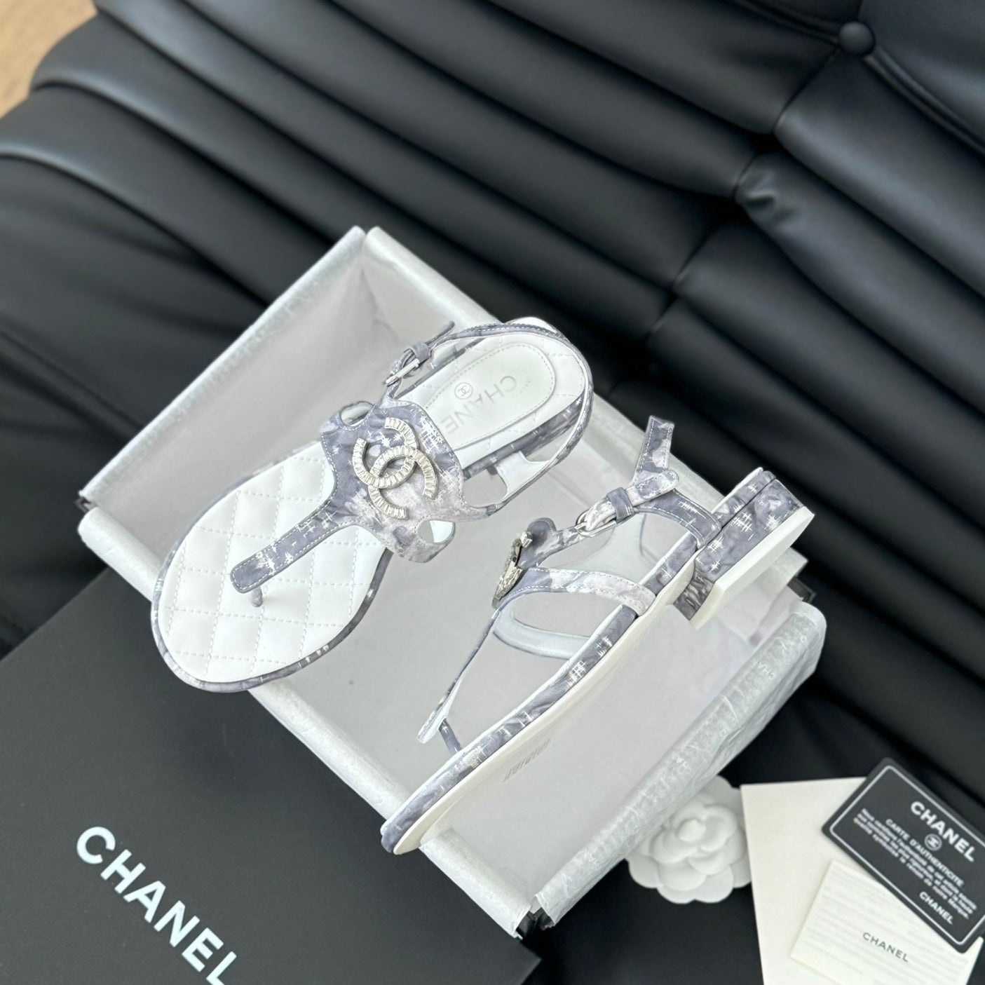 Double C Classic One-Strap Sandals White Gray Smoke Lambskin