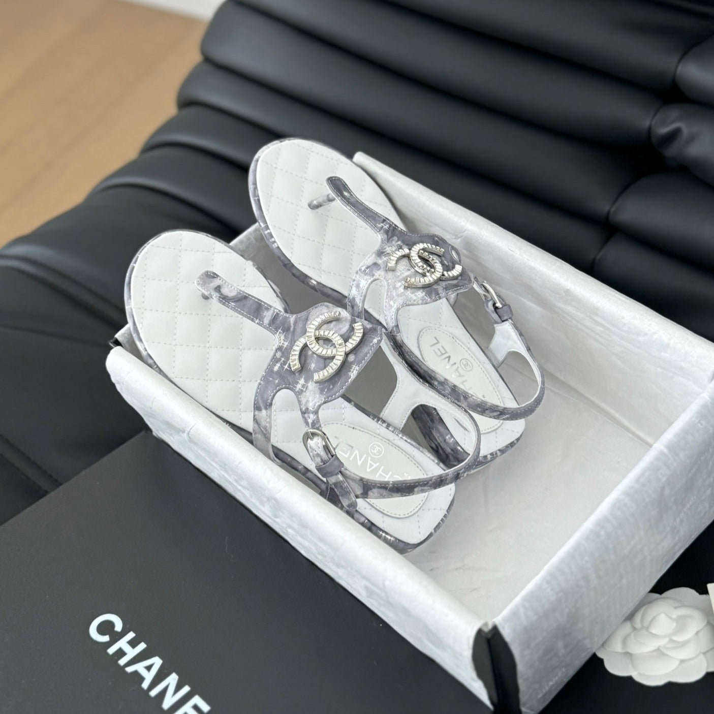 Double C Classic One-Strap Sandals White Gray Smoke Lambskin