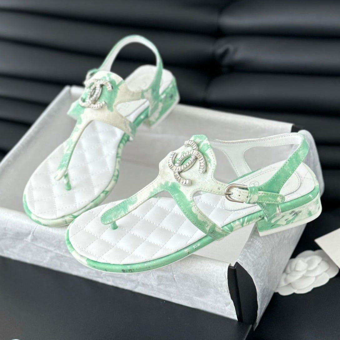Double C Classic One-Strap Sandals White Green Mint Lambskin
