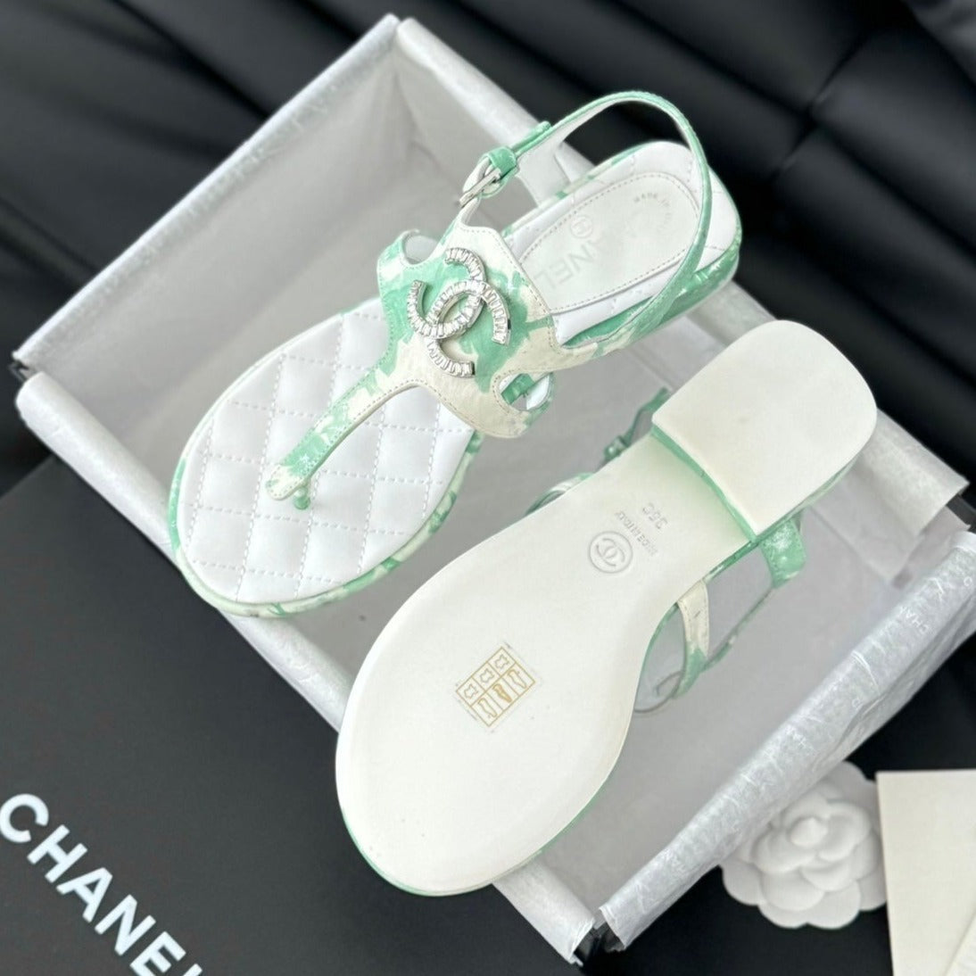 Double C Classic One-Strap Sandals White Green Mint Lambskin
