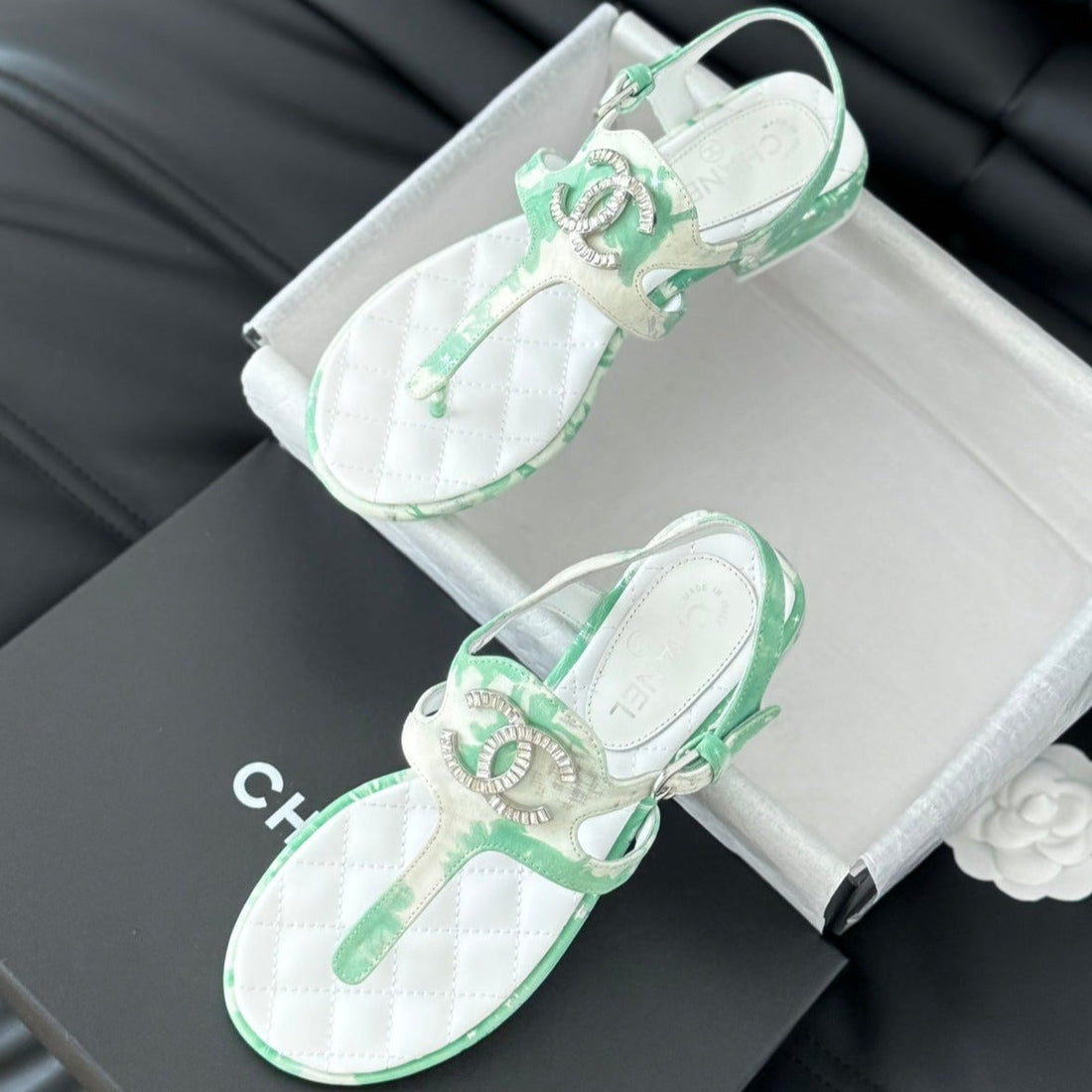 Double C Classic One-Strap Sandals White Green Mint Lambskin