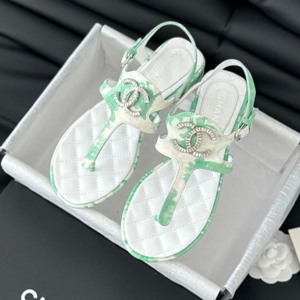 Double C Classic One-Strap Sandals White Green Mint Lambskin