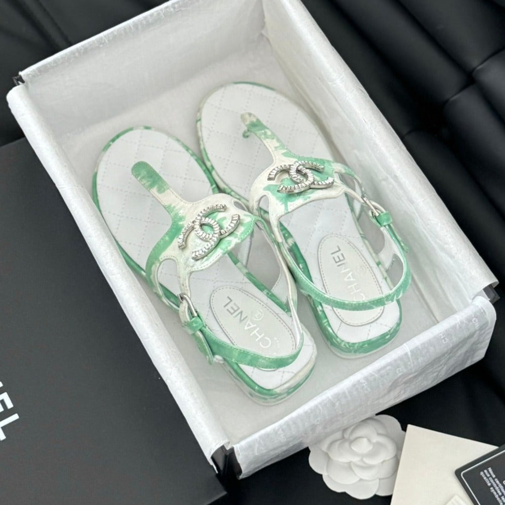 Double C Classic One-Strap Sandals White Green Mint Lambskin