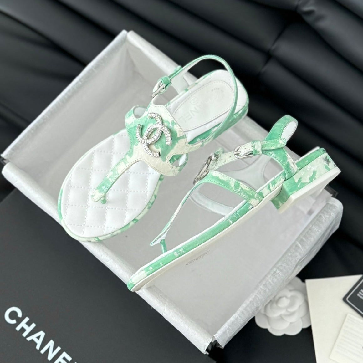 Double C Classic One-Strap Sandals White Green Mint Lambskin