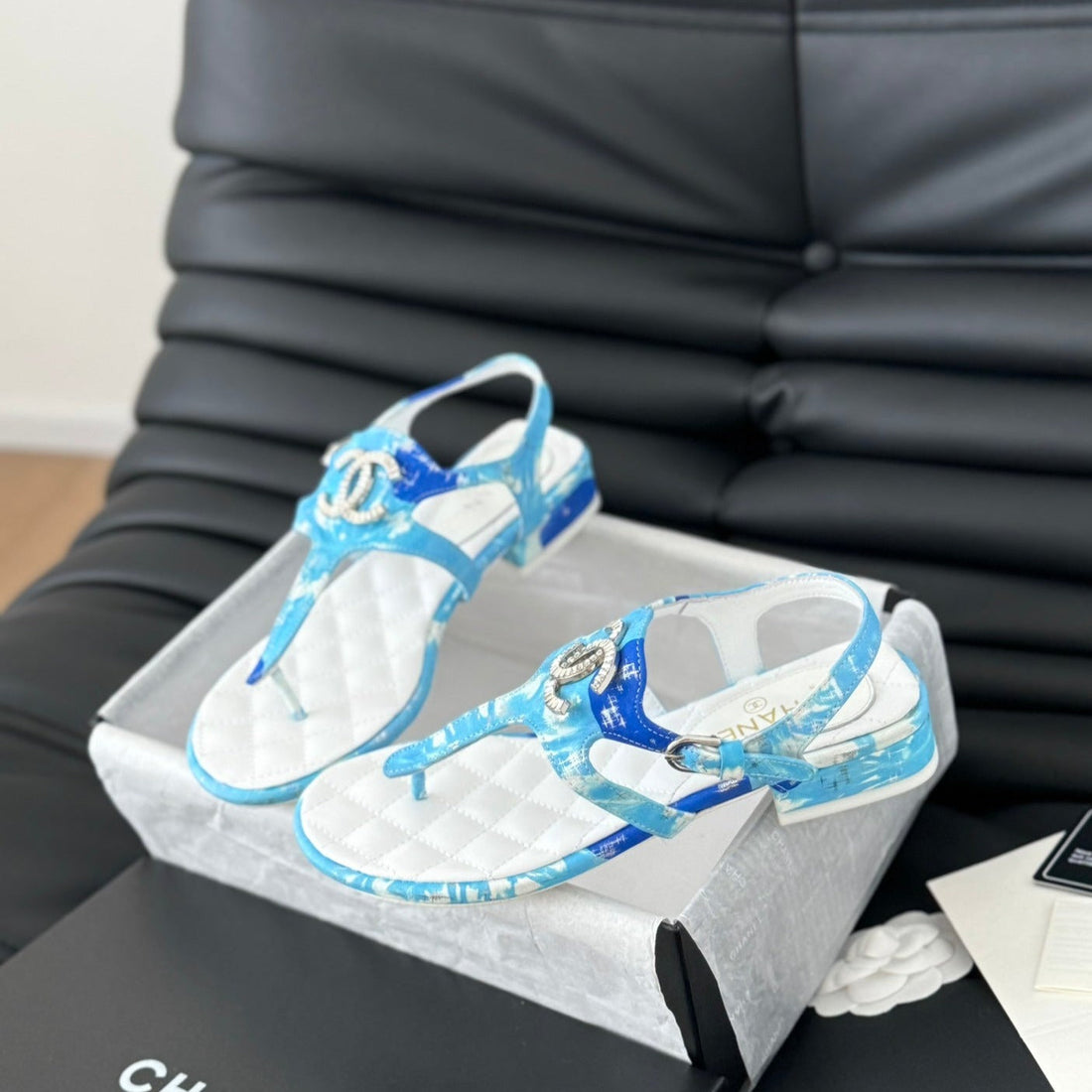 Double C Classic One-Strap Sandals White Sky Blue Lambskin