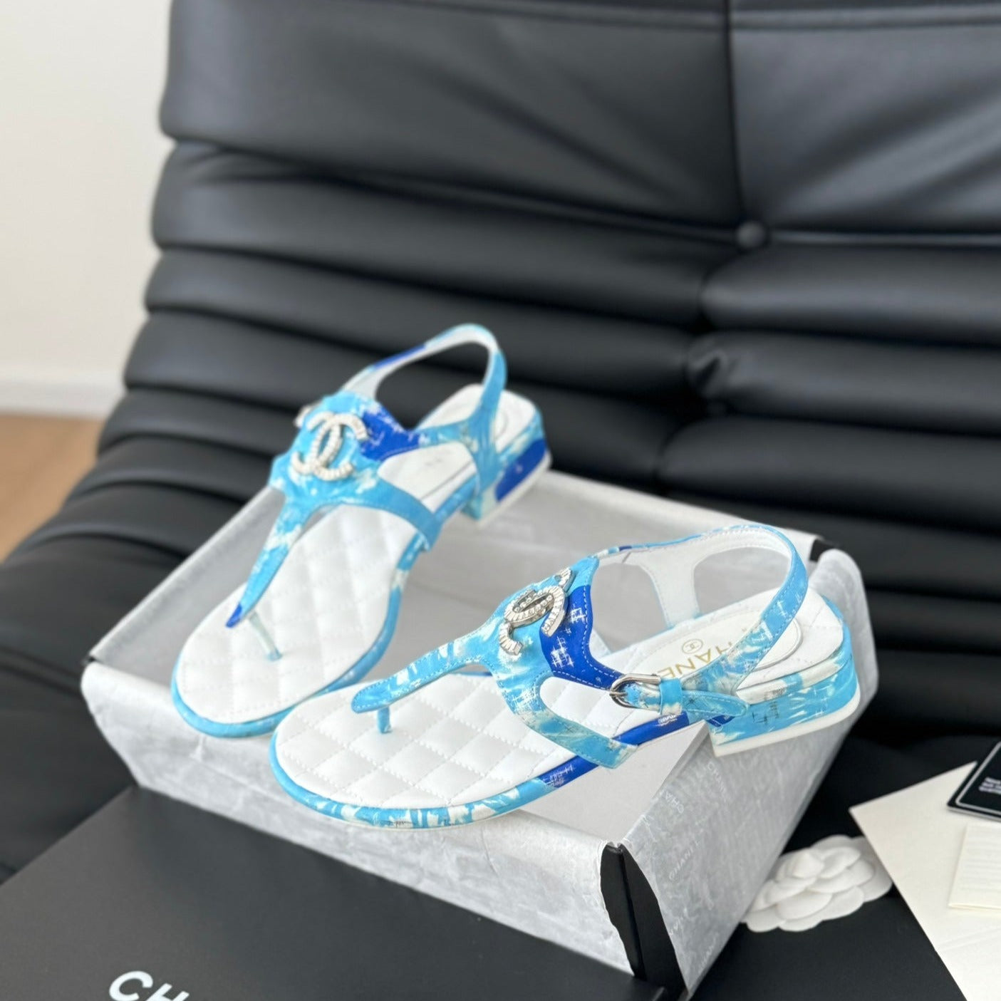 Double C Classic One-Strap Sandals White Sky Blue Lambskin