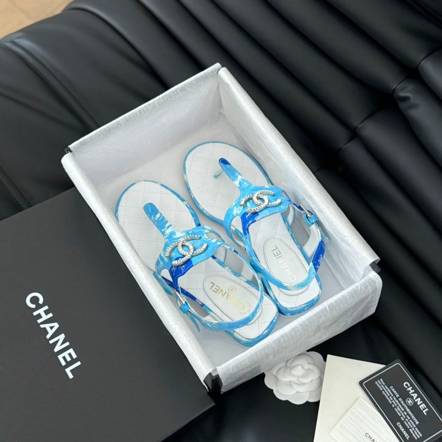 Double C Classic One-Strap Sandals White Sky Blue Lambskin