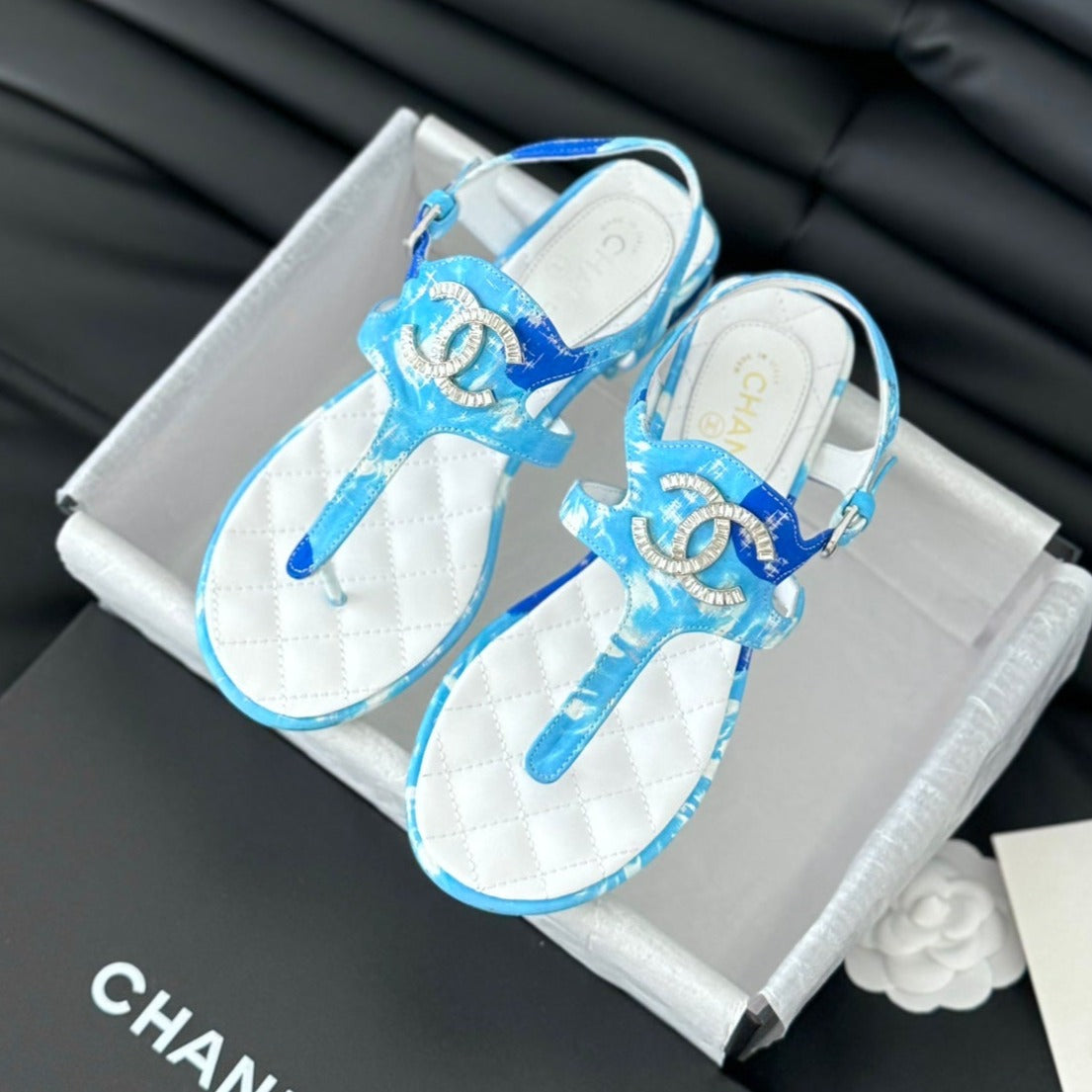 Double C Classic One-Strap Sandals White Sky Blue Lambskin