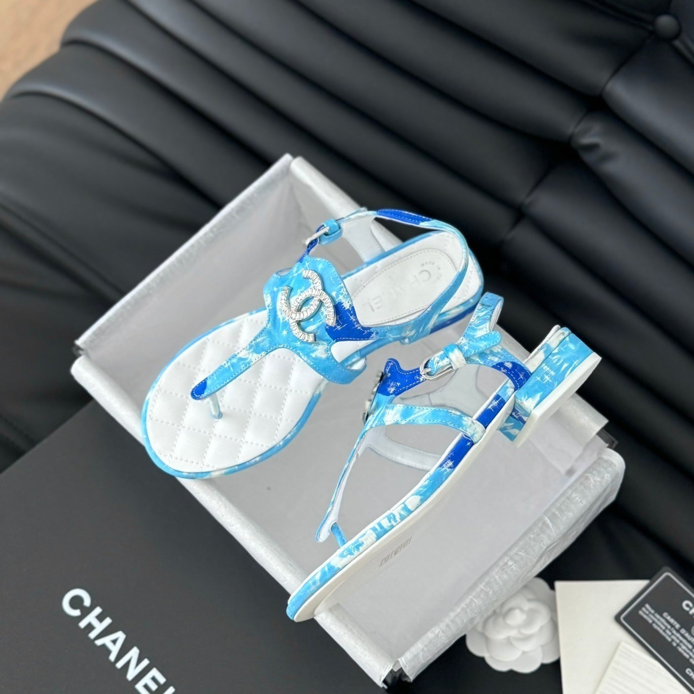 Double C Classic One-Strap Sandals White Sky Blue Lambskin