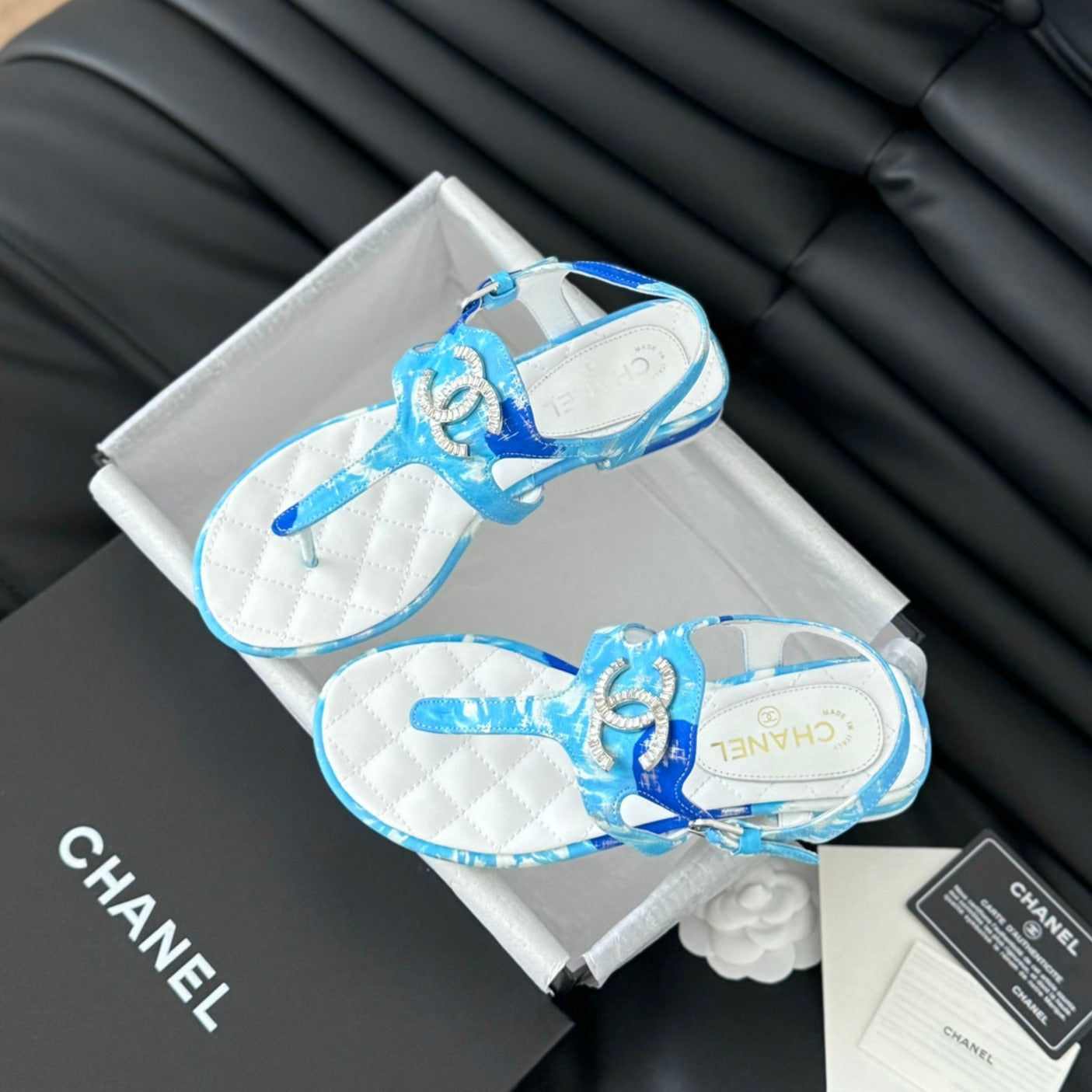 Double C Classic One-Strap Sandals White Sky Blue Lambskin