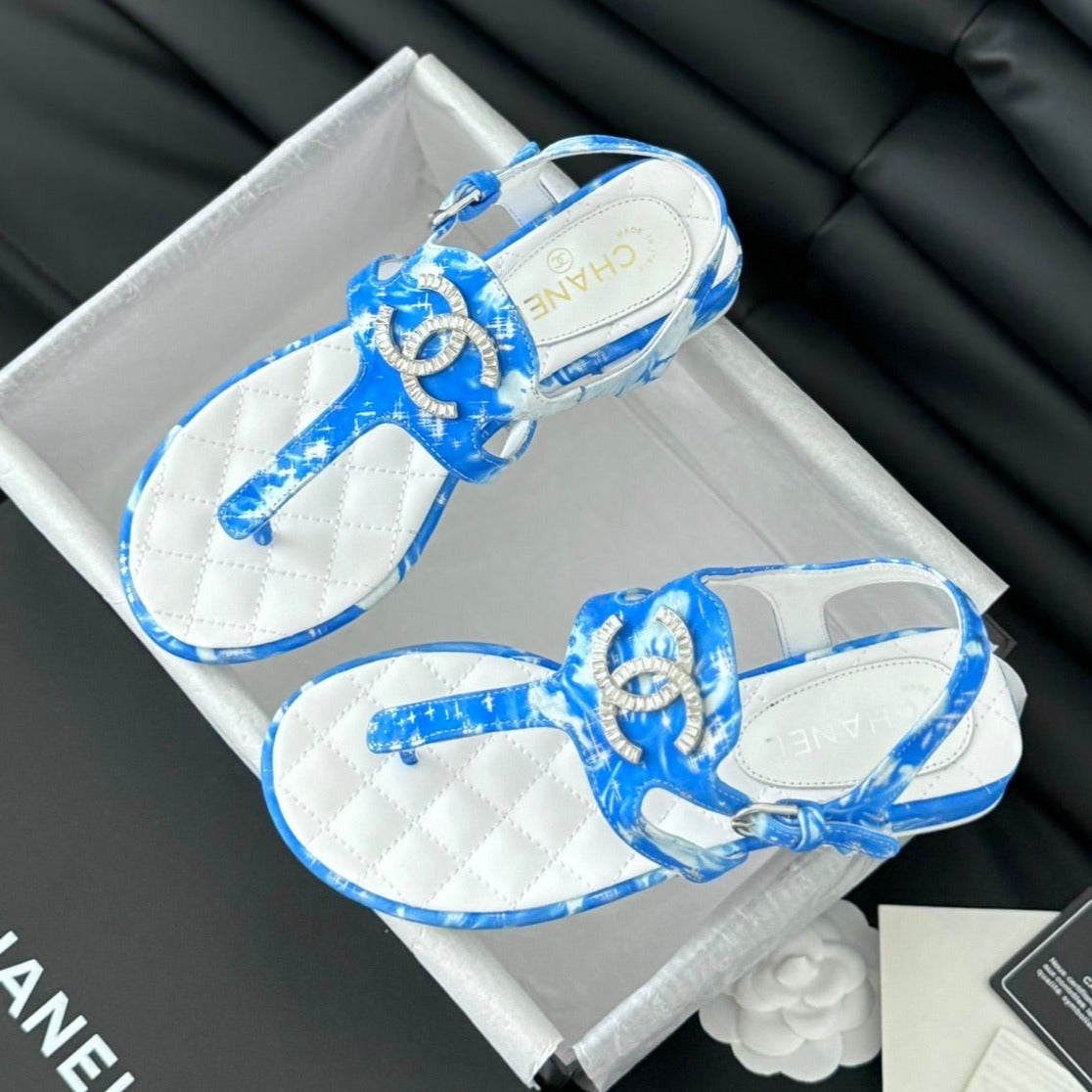 Double C Classic One-Strap Sandals White Navy Blue Lambskin