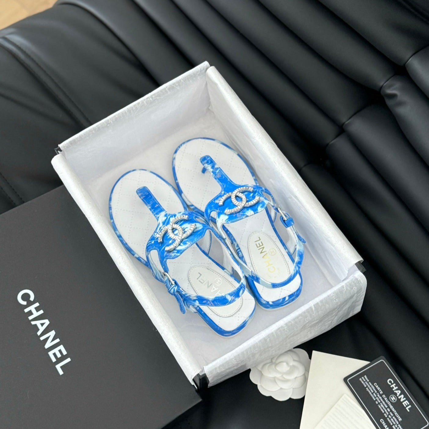 Double C Classic One-Strap Sandals White Navy Blue Lambskin