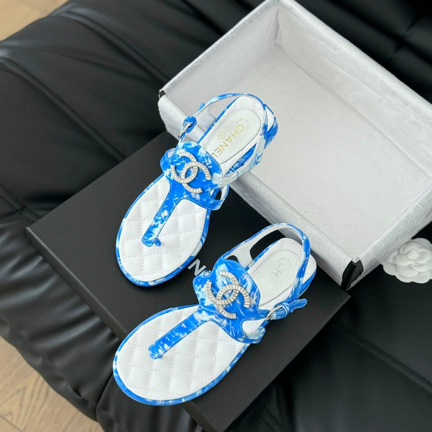 Double C Classic One-Strap Sandals White Navy Blue Lambskin