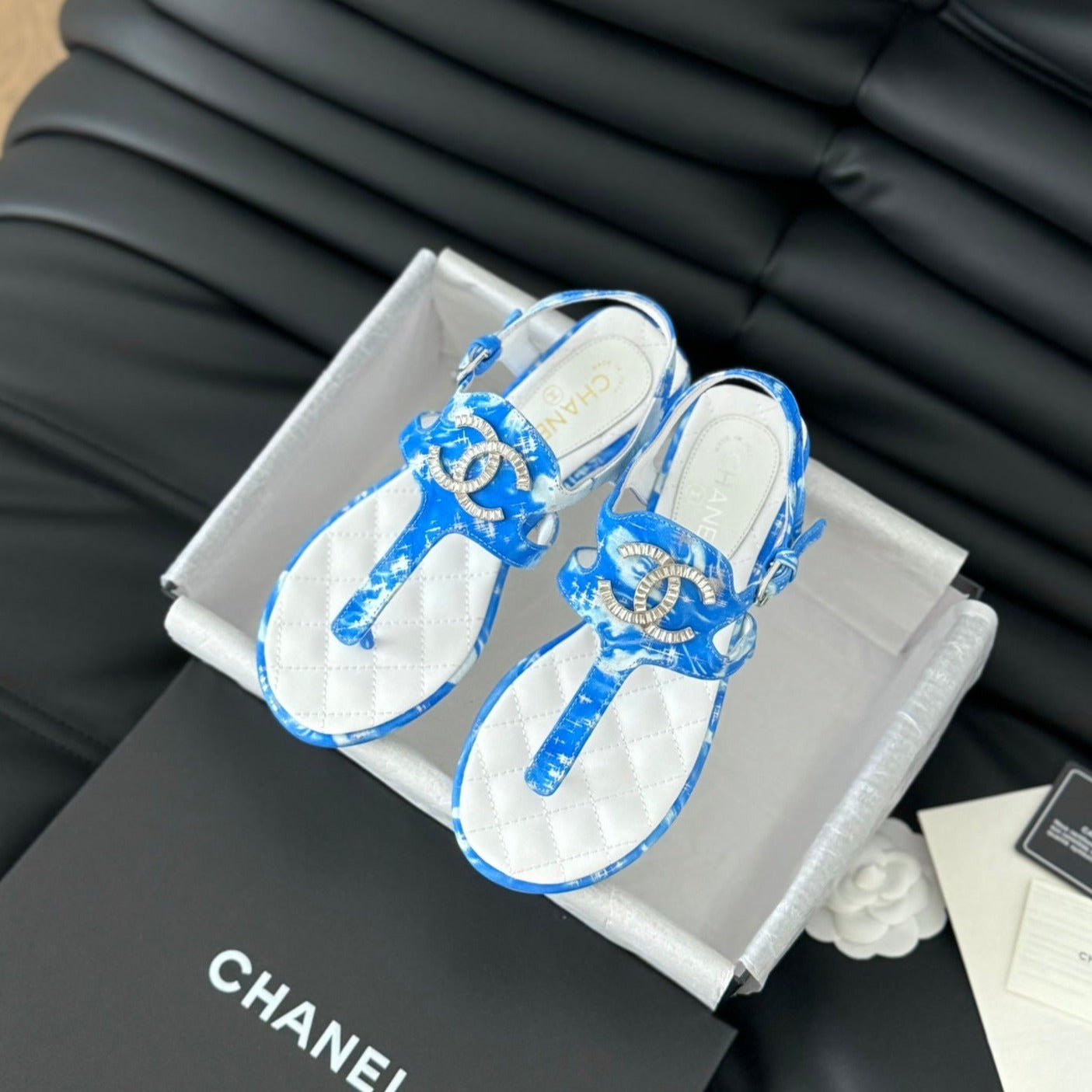 Double C Classic One-Strap Sandals White Navy Blue Lambskin