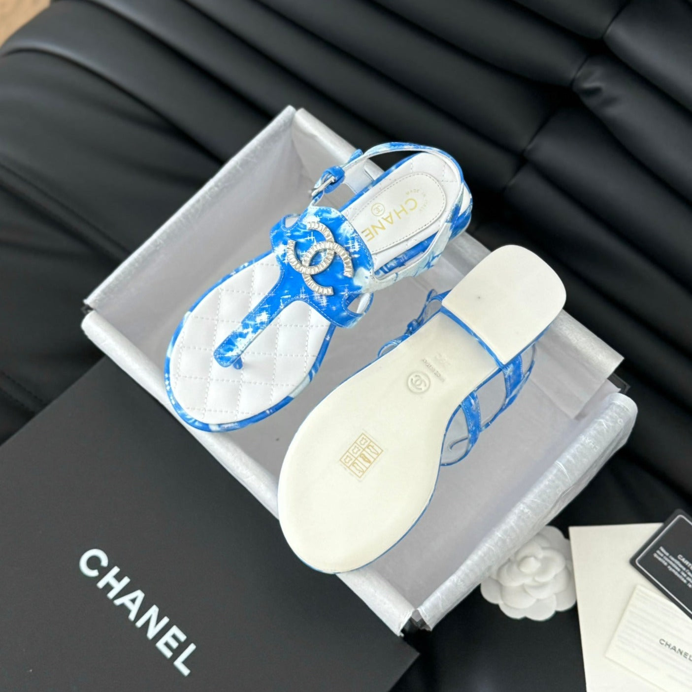 Double C Classic One-Strap Sandals White Navy Blue Lambskin