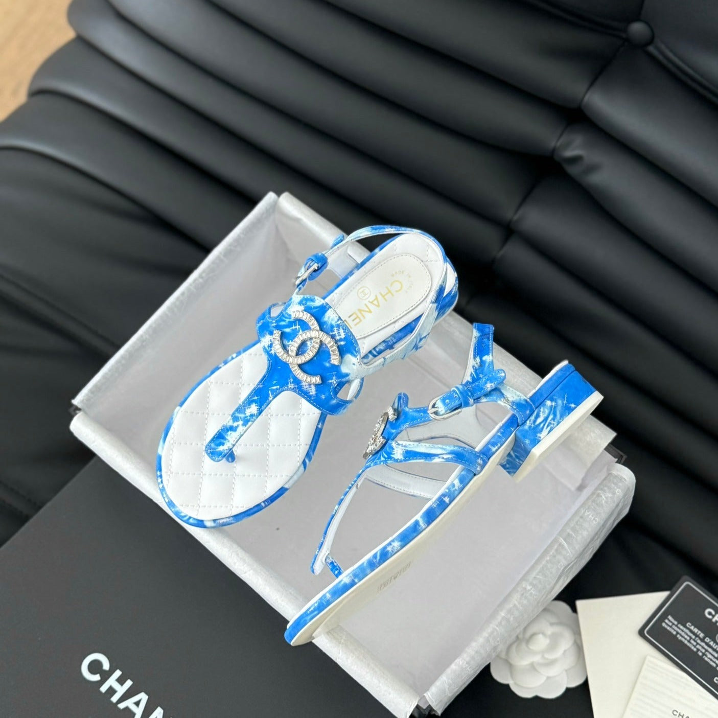 Double C Classic One-Strap Sandals White Navy Blue Lambskin