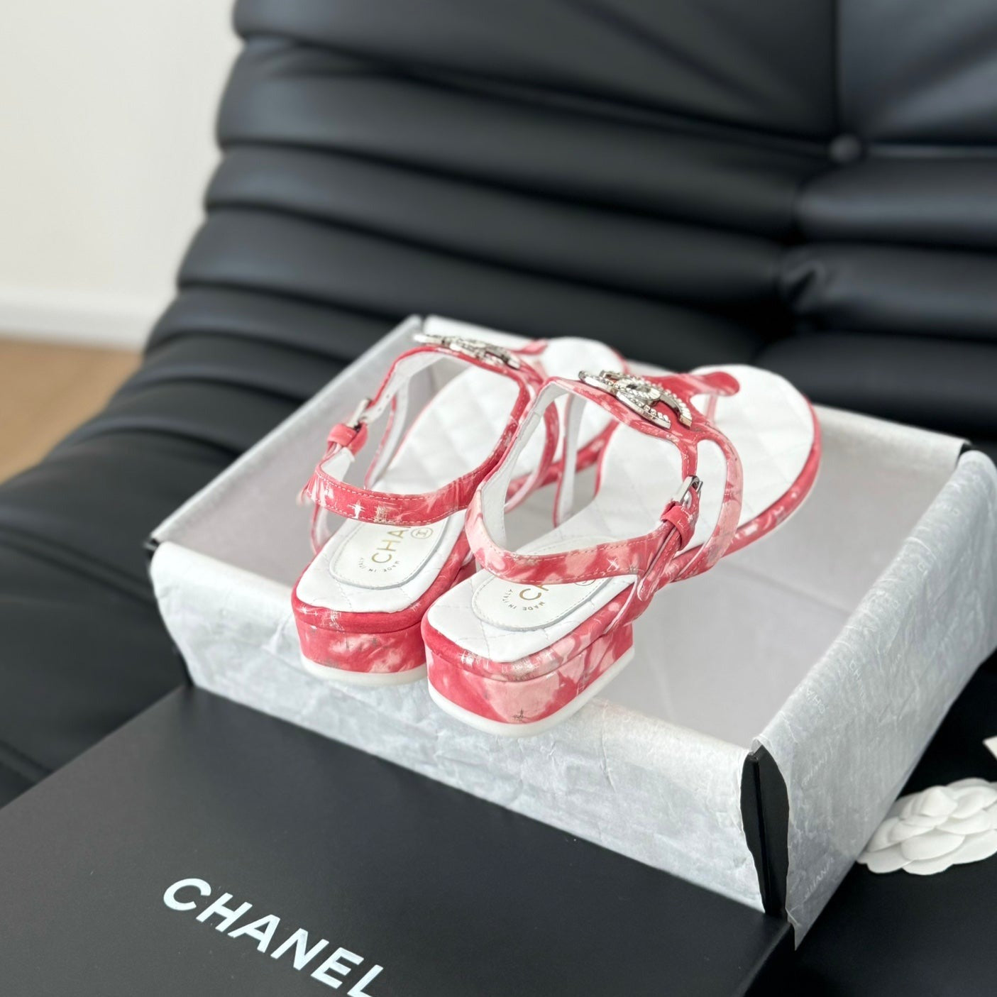 Double C Classic One-Strap Sandals White Pink Lambskin