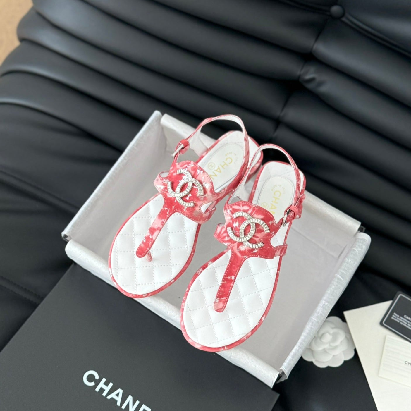 Double C Classic One-Strap Sandals White Pink Lambskin