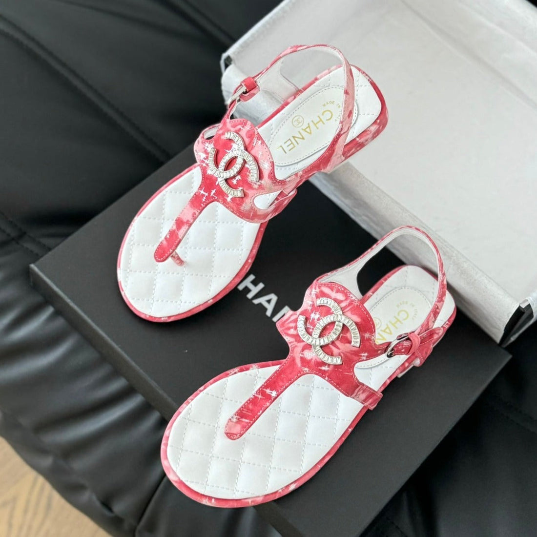 Double C Classic One-Strap Sandals White Pink Lambskin