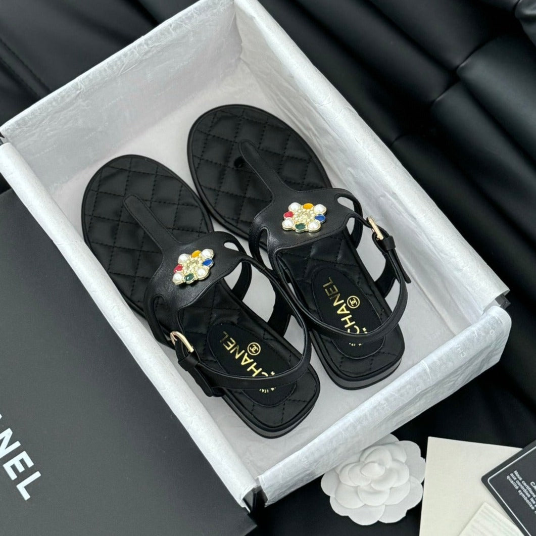 Double C Classic One-Strap Sandals Black Lambskin