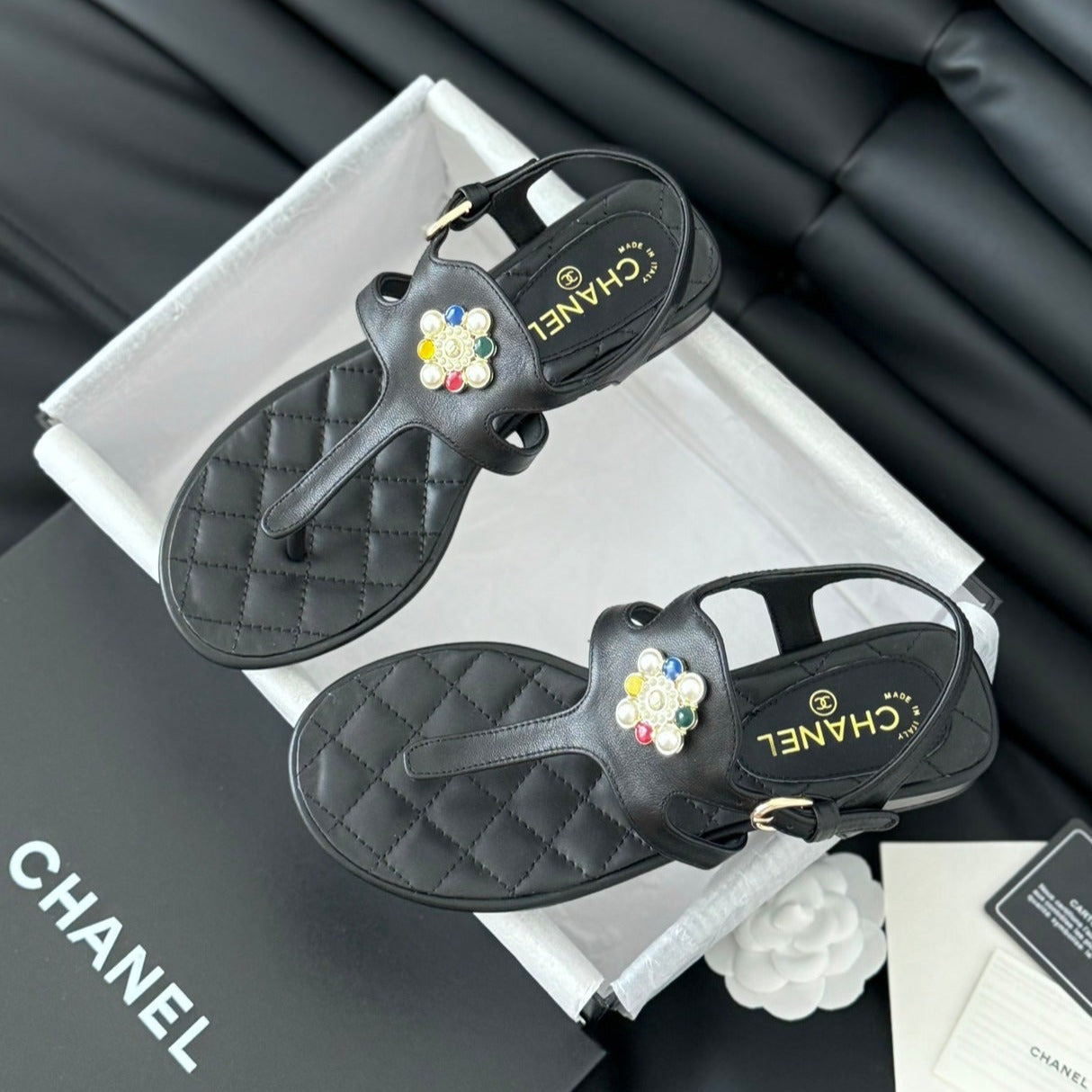 Double C Classic One-Strap Sandals Black Lambskin