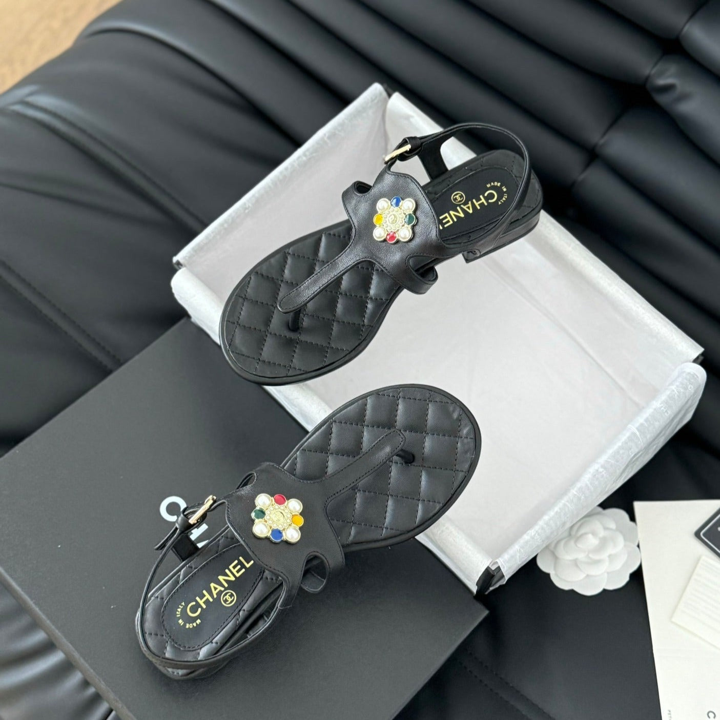 Double C Classic One-Strap Sandals Black Lambskin