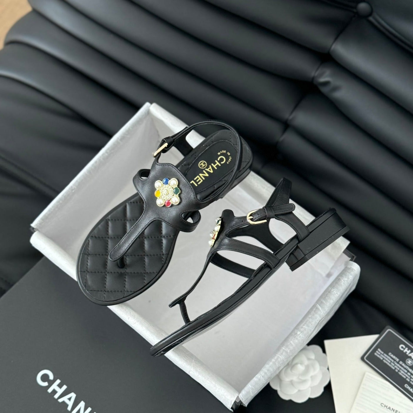 Double C Classic One-Strap Sandals Black Lambskin