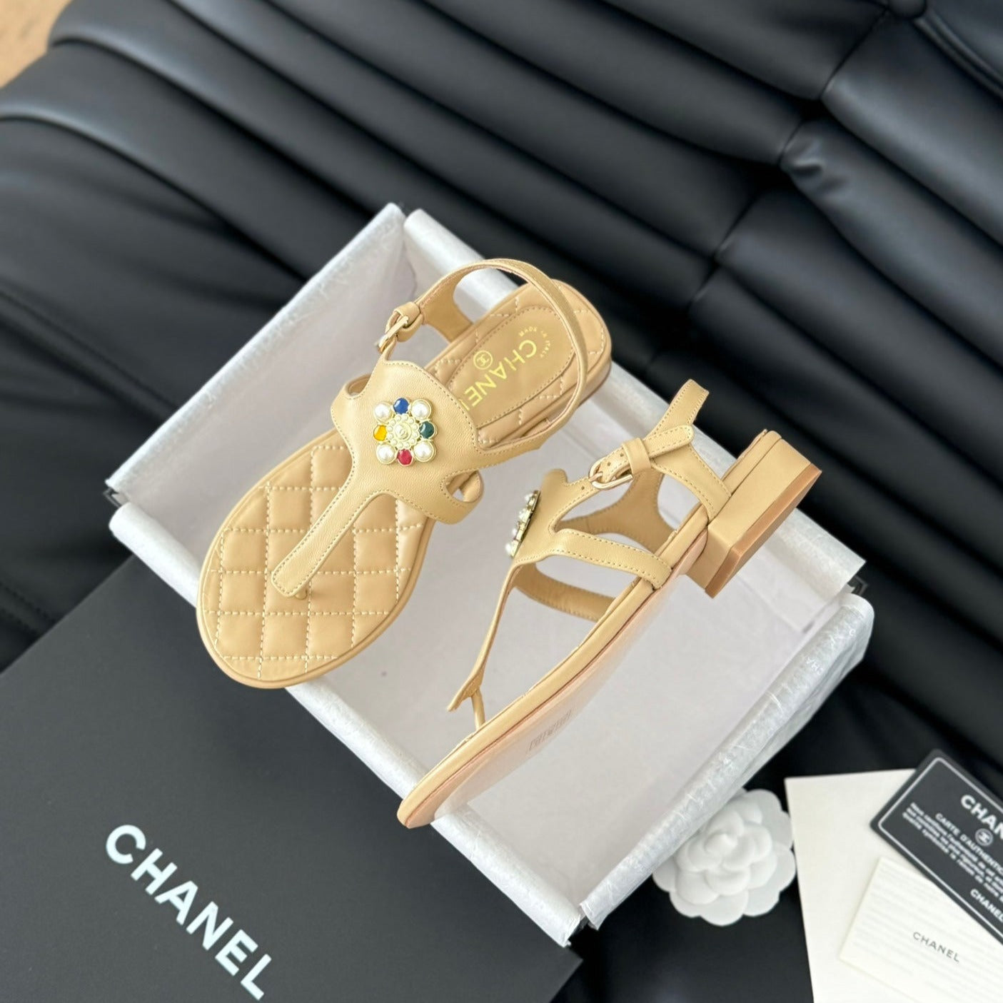 Double C Classic One-Strap Sandals Tan Brown Lambskin