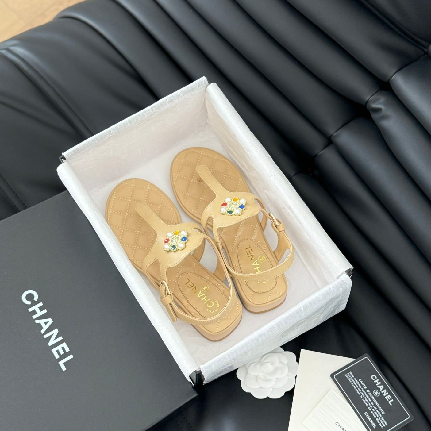 Double C Classic One-Strap Sandals Tan Brown Lambskin