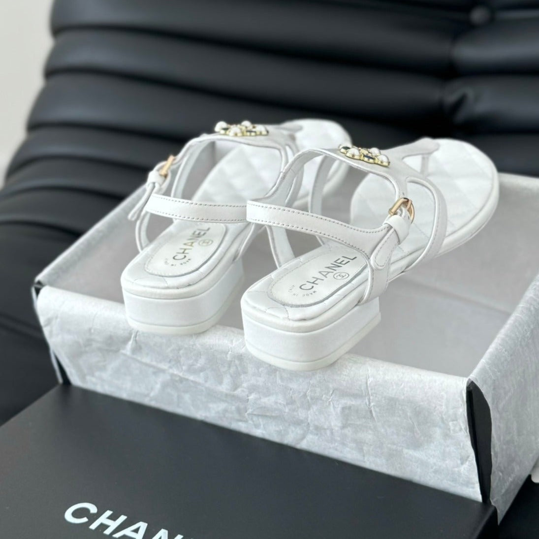 Double C Classic One-Strap Sandals White Lambskin