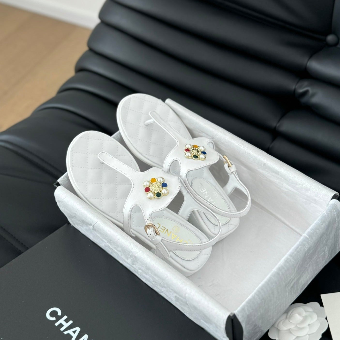 Double C Classic One-Strap Sandals White Lambskin