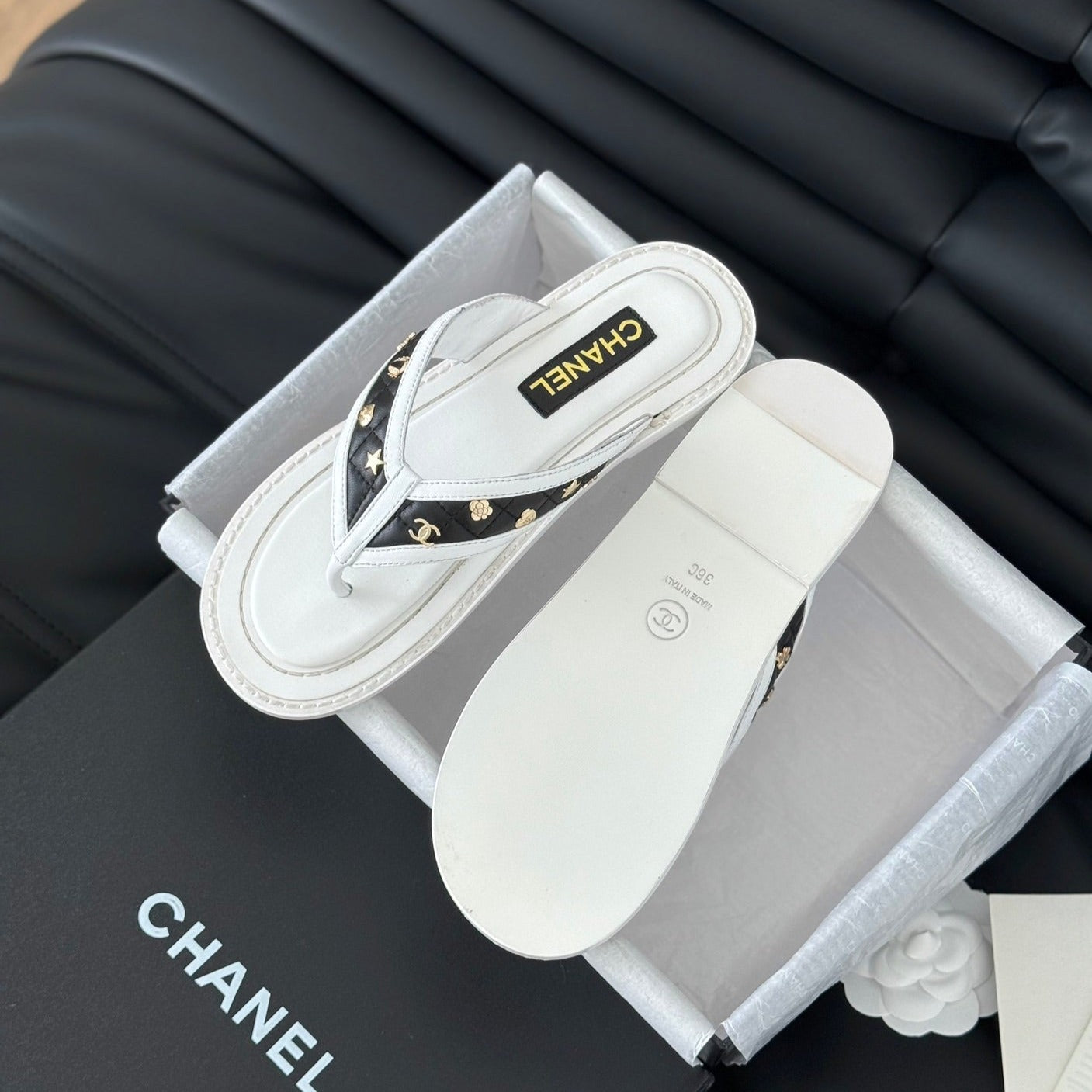 Double C Thong Sandals Lambskin White Black