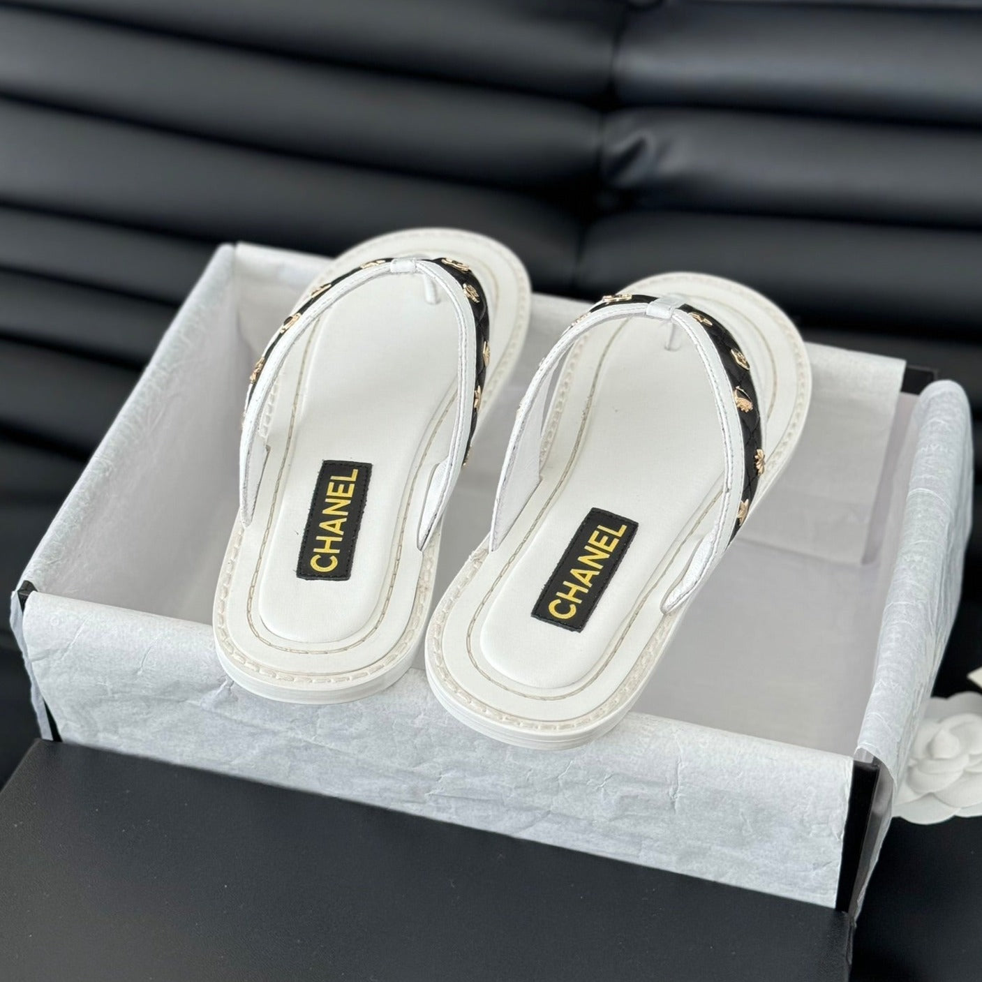 Double C Thong Sandals Lambskin White Black