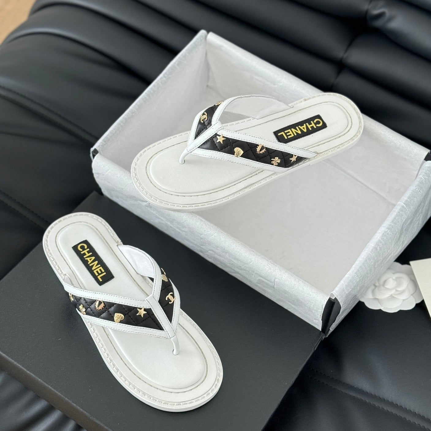 Double C Thong Sandals Lambskin White Black