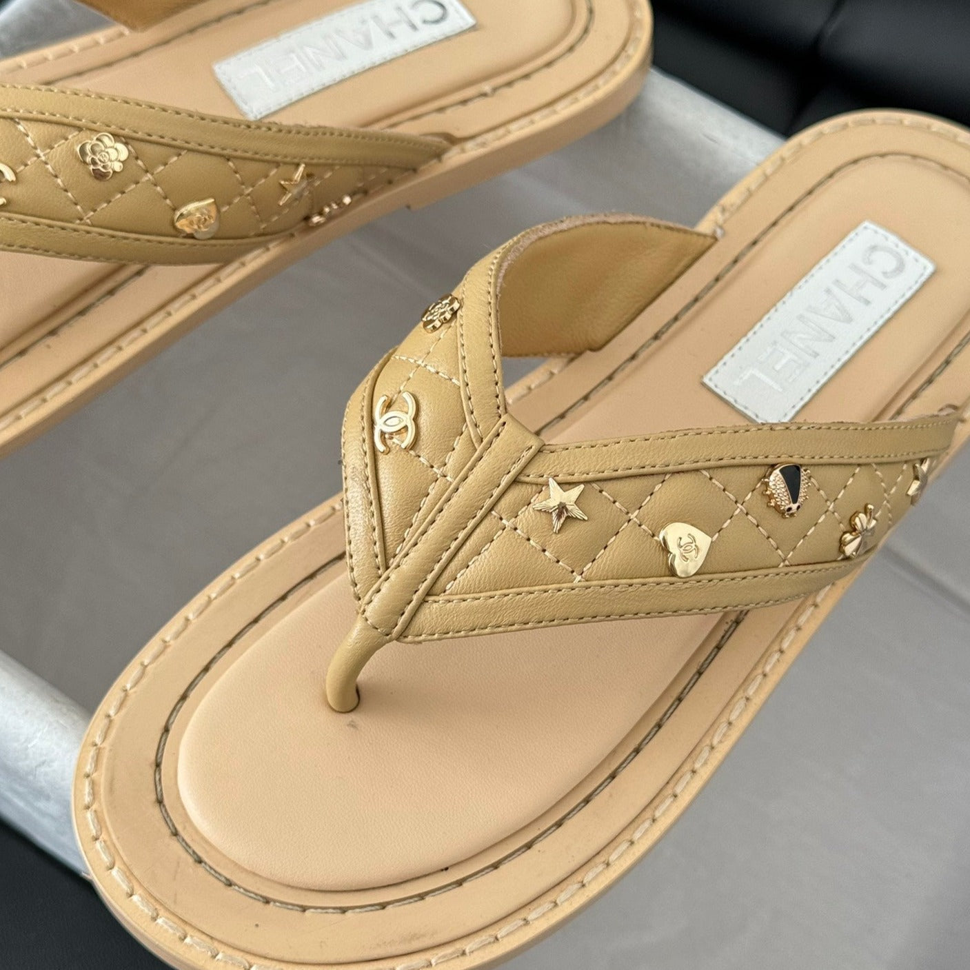 Double C Thong Sandals Lambskin Tan Brown