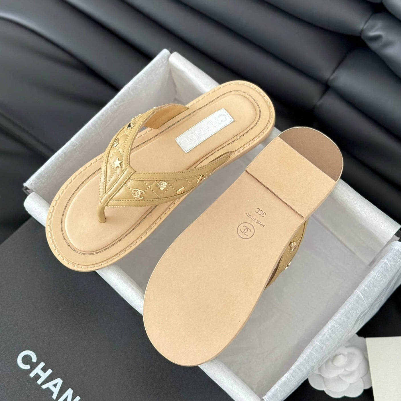 Double C Thong Sandals Lambskin Tan Brown